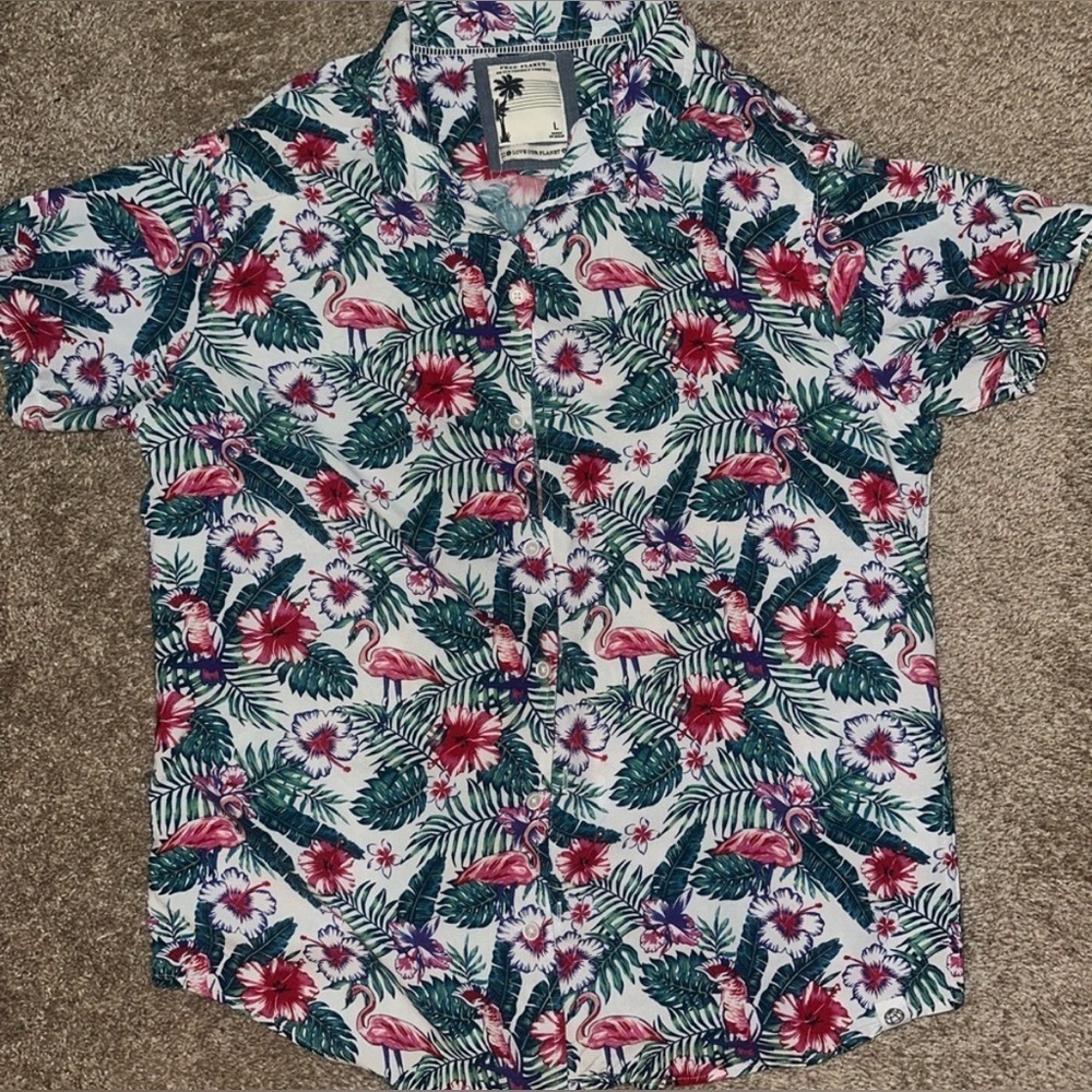 🌺 Free Planet Tropical Flamingo Button Down Shirt - Size L 🌺